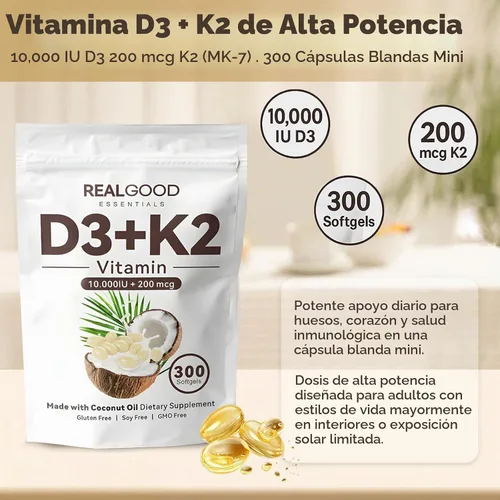 Vista 2 de Real Good Essentials Vitamina D3 K2, Essentials D3+K2 (MK7) Aceite de coco 300 cápsulas blandas, con vitaminas D y K (1)