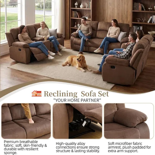 Vista 5 de Juego de sofá reclinable manual, juego de sofá reclinable de microfibra, moderno juego de muebles de sala de estar, sillón reclinable para sala