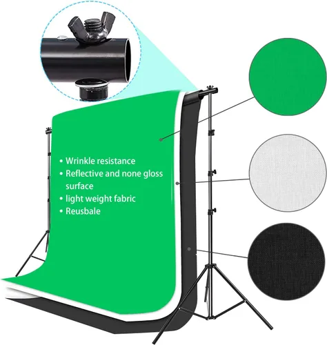 Vista 2 de Estudio de video fotográfico de 10 x 8.5 pies con fondo de muselina (verde/blanco/negro) y kit de iluminación LED de 85 W 5500K y paraguas, kit