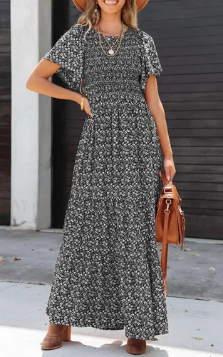 Vista 3 de PRETTYGARDEN - Vestido largo casual de verano para mujer, manga corta acampanada, bohemio, floral, cuello redondo, vestido blusón, escalonado