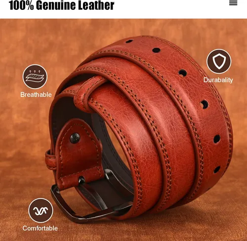 Vista 4 de FIORETTO Cinturones de cuero genuino para hombre, cinturones de vestir de doble costura, diseños clásicos y modernos para trabajo, negocios y casual