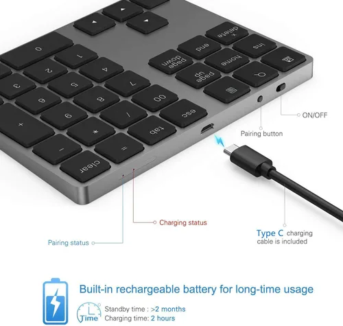 Vista 3 de Teclado Numérico Bluetooth, Lekvey Teclado Numérico Inalámbrico Recargable de Aluminio Delgado de 34 Teclas Teclado Numérico Externo Entrada