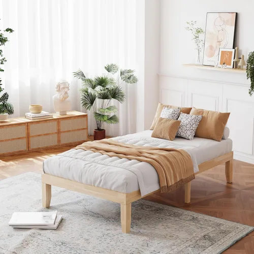 Vista 18 de Giantex Marco de Cama de Plataforma de Madera Individual de 14 Pulgadas, Base de Colchón Minimalista con Madera de Caucho Sólida, Soporte