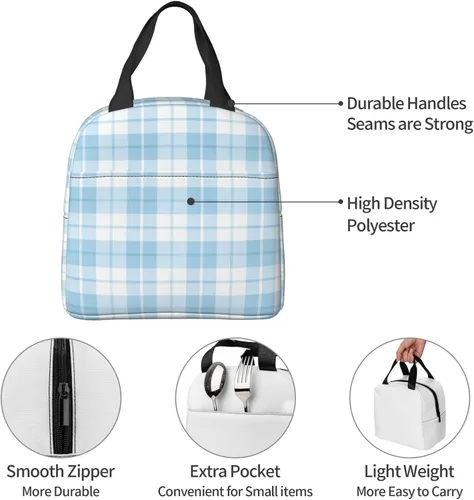 Vista 7 de Miaoquhe Lunch Box for Women Men Blue Plaid Checkered Insulated Lunch Bag for Teen Girls Adults Gingham Cute Preppy Reusable Portable Lunchbox