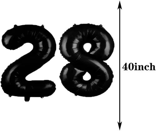 Vista 2 de Decoraciones de cumpleaños número 28, suministros de fiesta, globos negros del número 28, globos de aluminio de Mylar de 28 ° decoración de globos