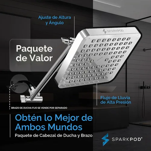 Vista 3 de SparkPod Cabezal de ducha tipo lluvia cuadrado con brazo de extensión, cabezal de ducha de altura ajustable con rendimiento de alta presión, fácil