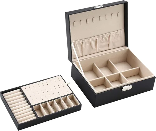 Vista 6 de ZUZ001D - Organizador de joyas, caja de exhibición grande de dos capas, con 74 agujeros para pernos y cierre de piel sintética suave, regalo