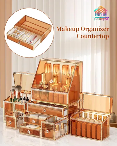 Vista 2 de Youdepot Organizador de maquillaje extra grande, almacenamiento de cosméticos de vidrio con cajones, organizador apilable de maquillaje y joyas