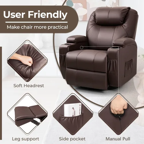 Vista 8 de Furniwell Rocker - Silla reclinable con masaje para ancianos, sofá mecedora ajustable de cuero giratorio de 360° para sala de estar con control
