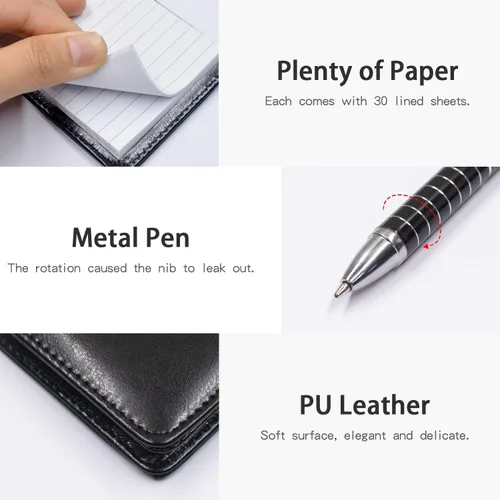 Vista 6 de Juego de 7 soportes pequeños para bloc de notas, cuaderno de bolsillo con bolígrafo, incluye 5 recambios de 3 x 5 pulgadas, 30 papeles rayados por