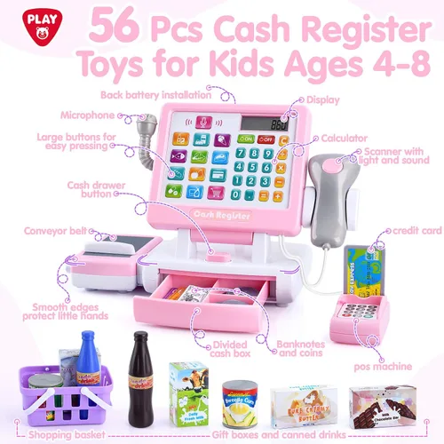 Vista 2 de PLAY Caja registradora de juguete para niños - Juguetes de simulación de calculadora con micrófono/transportadores/dinero de juguete/escaner/tarjeta