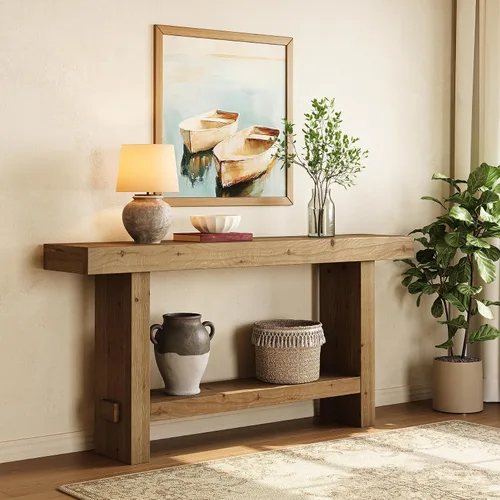 Vista 6 de Mesa consola de madera maciza de 63 pulgadas, mesa de entrada estrecha con estante de almacenamiento de 2 niveles, para pasillo, entrada, sala