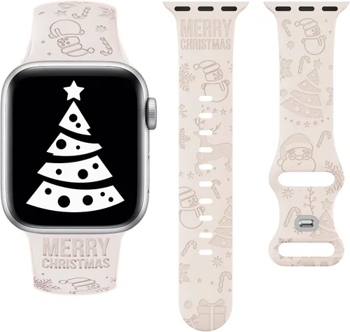 Vista 8 de Wearlizer - Correa con copos de nieve de Navidad grabada compatible con Apple Watch de 41/38/40/42/45/44/46/49 mm, correa deportiva de silicona Negro