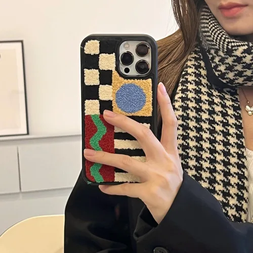Vista 4 de Funda para teléfono con diseño geométrico retro y cálido para iPhone 14 Pro Max, funda protectora de cuerpo completo antideslizante para iPhone 14