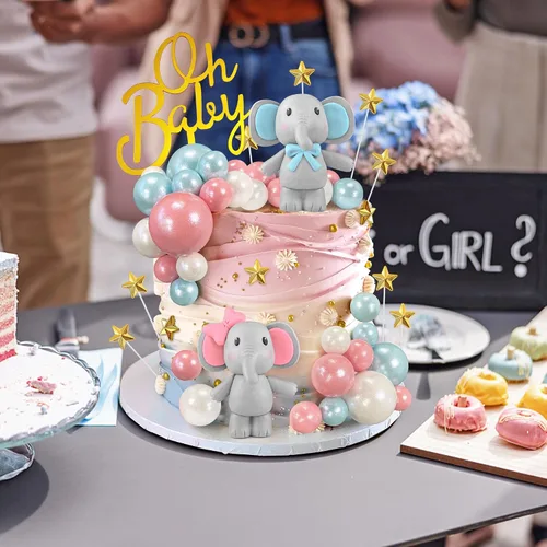 Vista 5 de 49 piezas de decoración de pastel de elefante, bolas de perlas, púas de pastel, mini botella de leche, decoración de pastel de estrella