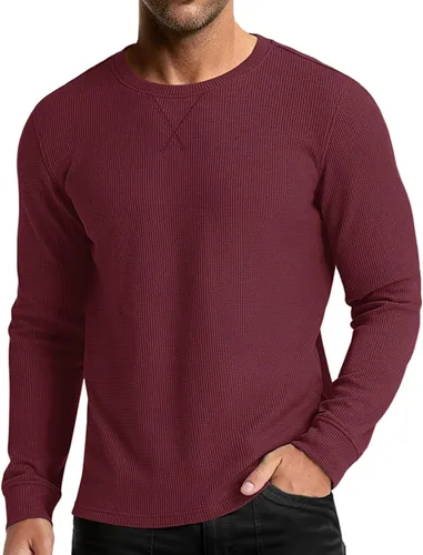Vista 8 de Camiseta de punto gofre para hombre, camiseta casual de manga larga con cuello redondo, ropa de verano para hombre, camisa clásica básica sólida