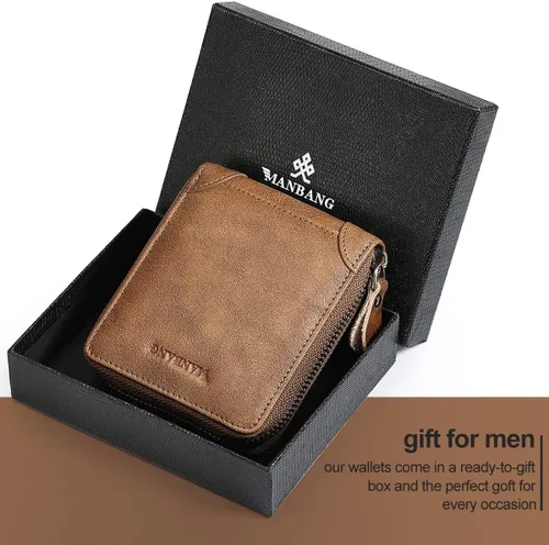 Vista 5 de MANBANG Cartera de piel auténtica para hombre con bloqueo RFID con cremallera Hecho a mano caqui