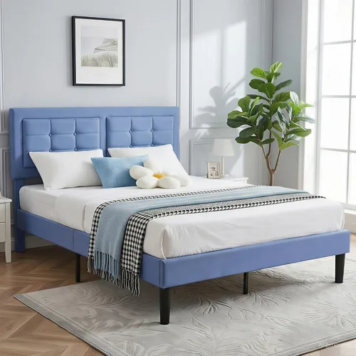 Vista 11 de VECELO Base de cama tamaño matrimonial, cabecera tapizada ajustable con botones, marco de cama resistente con soporte de listones de madera,