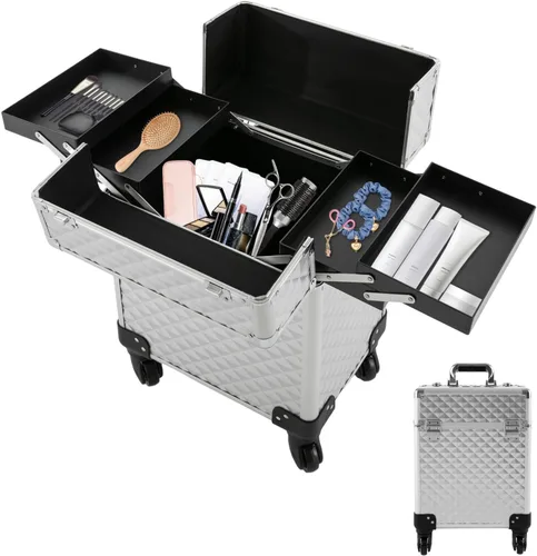 Vista 16 de Estuche de maquillaje con ruedas para cosméticos, carrito grande para cosméticos con cerraduras, organizador de almacenamiento de cosméticos, Negro