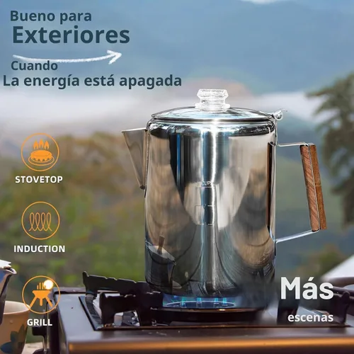 Vista 3 de MEREZA Cafetera de camping para estufa, cafetera, percolador, fogata, cafetera de acero inoxidable, cafetera para acampar al aire libre, hogar, 9