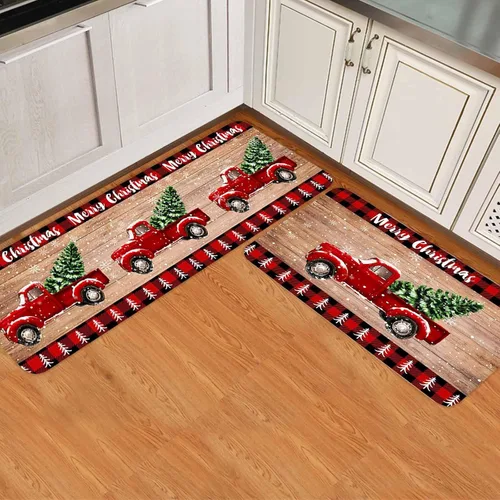 Vista 2 de Juego de 2 alfombras de cocina con camión rojo, árbol de Navidad rojo sobre tablero de madera retro, antideslizante, cómodo, tapete de pie