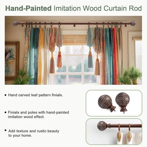 Vista 3 de QDWIS Barras de cortina de madera para ventanas de 28 a 48 pulgadas, barras de cortina de 1 pulgada de diámetro con remates de patrón de hojas