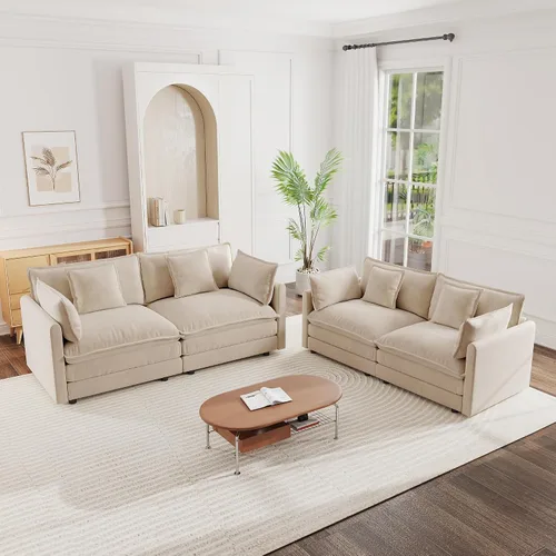 Vista 13 de mikibama Juego de sofá biplaza y sillón de lujo de 2 piezas, moderno juego de sofás nube tapizados de chenilla con 5 almohadas para sala de estar