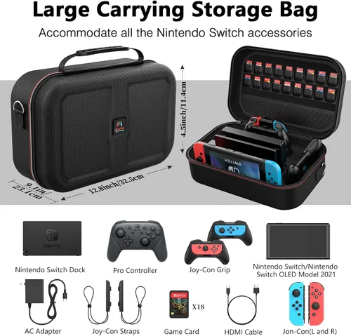 Vista 3 de HEYSTOP Kit de accesorios de funda compatible con Nintendo Switch 12 en 1 Switch funda de transporte PlayStand Grip Volante agarre protector