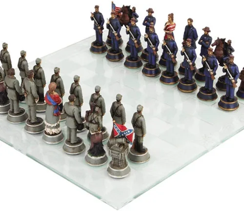 Vista 2 de Pacific Giftware Juego de ajedrez con temática de soldado de la Guerra Civil con tablero de cristal, coleccionable histórico, multicolor