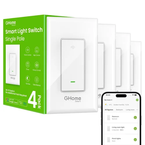Vista 9 de Interruptores inteligentes GHome Smart para luces, interruptor de luz WiFi inteligente funciona con Alexa y Google Home, un solo polo, requiere