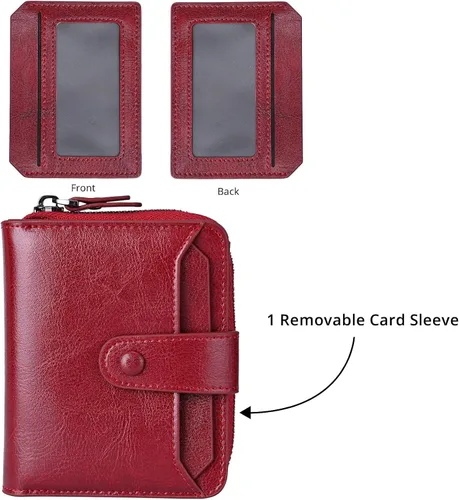 Vista 4 de Carteras pequeñas para mujer, con bloqueo RFID, de cuero, con cremallera, bolsillo para monedas, tarjetero, con ventana de identificación, Rojo vino