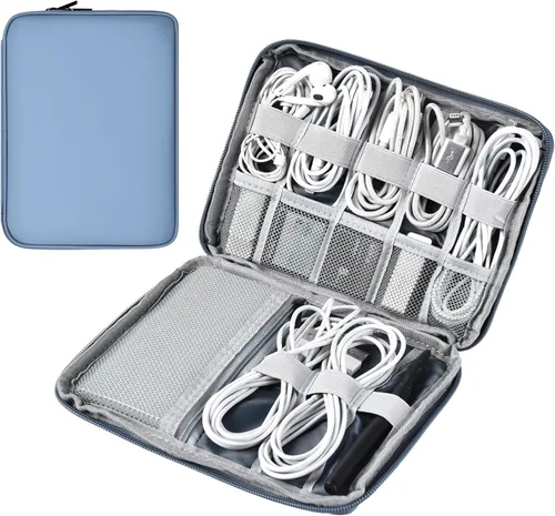 Vista 15 de Organizador de cables de cuero para viaje, impermeable, organizador de cables de viaje, portátil, organizador técnico, estuche de viaje para Verde