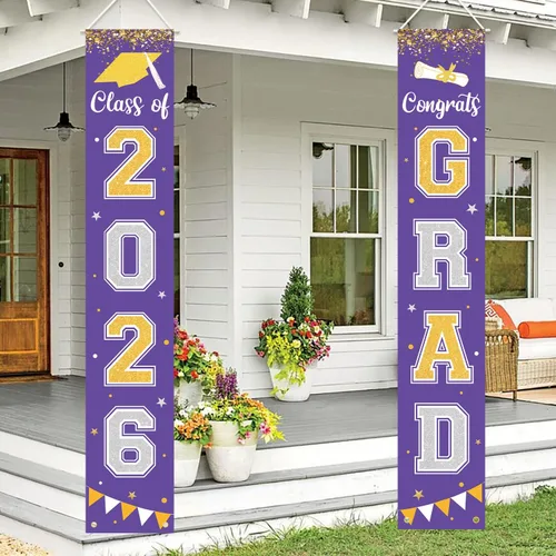 Vista 9 de Bandera de decoración de graduación 2025 GRAD Bandera negra para porche y puerta de bienvenida para pared interior y exterior, decoración