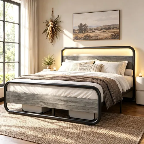 Vista 22 de Catrimown - Marco para cama individual con luces LED, marco de cama plataforma individual resistente de metal rústico con cabecera de madera Negro