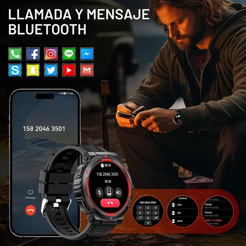 Vista 3 de Relojes inteligentes militares para hombres (respuesta/hacer llamadas) con linterna LED 3ATM resistente al agua reloj inteligente con más de 100