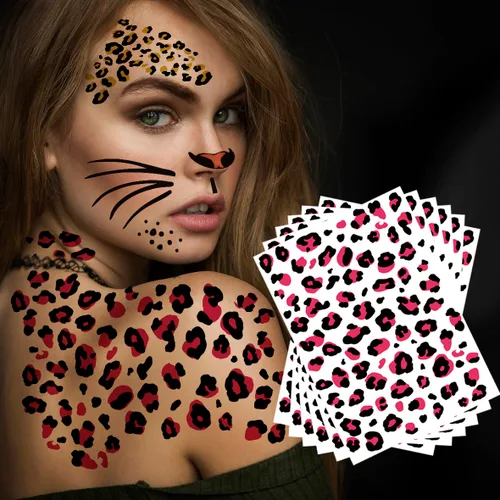 Vista 9 de Tatuajes temporales con estampado de leopardo, 6 hojas de calcomanías realistas de piel de leopardo para adultos y niños, perfectas para Halloween