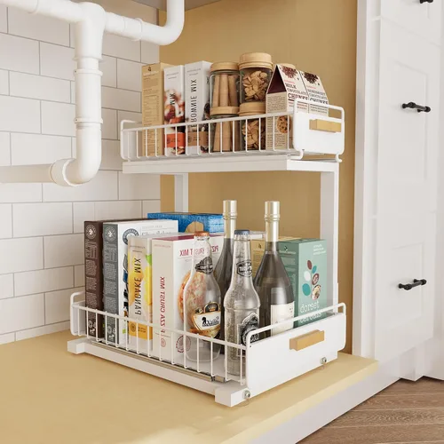 Vista 15 de Organizador bajo el fregadero, Organizador de 2 niveles alto y ajustable bajo el fregadero de la cocina, estante de almacenamiento multiuso