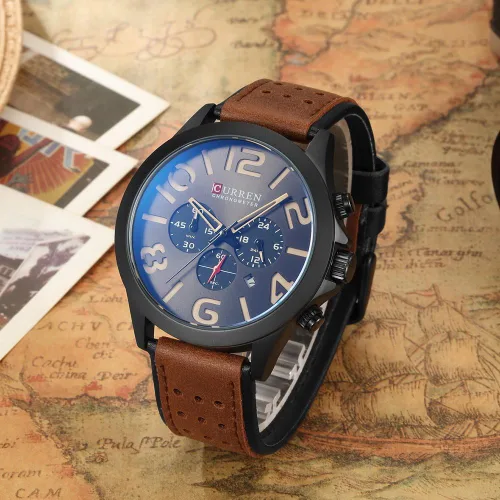 Vista 4 de Curren original para hombre reloj de piel 3esferas wrok 8244café negro y amarillo