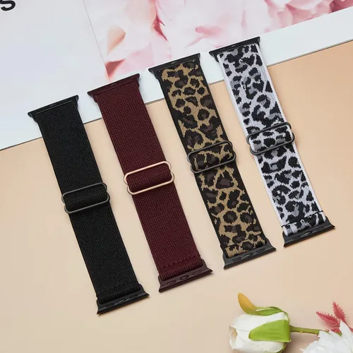 Vista 8 de 4 Pack Stretchy Solo Loop Compatible with Apple Watch Bands Women Men Negro/Vino/Leopardo/Leopardo 4Pack