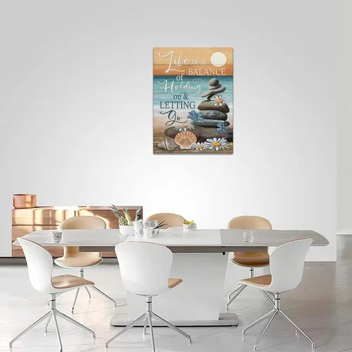 Vista 5 de Lienzo inspirador de playa costera, arte para pared, diseño de piedras zen, puesta de sol y océano, decoración de pared, citas de vida, impresiones