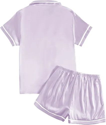 Vista 2 de LYANER Conjunto de pijama de 2 piezas de satén sedoso de manga corta con botones para mujer