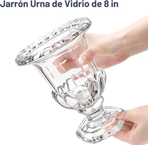 Vista 3 de Jarrón Urna de Cristal de 8 Pulgadas, Jarrón Grande de Cristal, Jarrones Vintage para Centro de Mesa, Botella de Flores con Pedestal, Jarrones