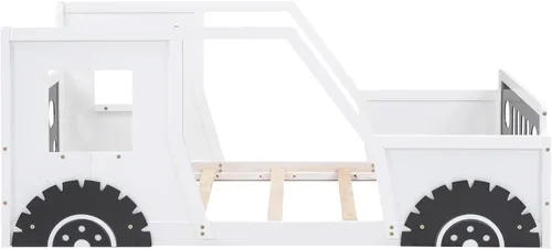 Vista 6 de Polibi Cama de plataforma, tamaño individual, cama clásica de madera en forma de automóvil con ruedas, cabecero, estribo, puertas, ventanas