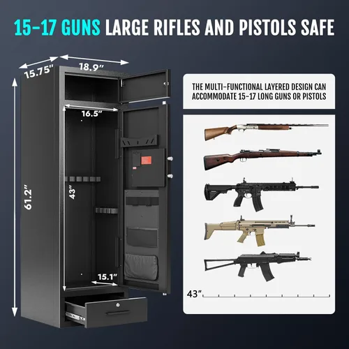Vista 3 de KAER Caja fuerte digital para armas de 15 a 17 años, para rifles y pistolas, gabinete de pistola y rifle seguro para el hogar con estantes