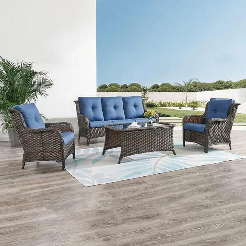 Vista 29 de HUMMUH Juego de 2 sillas de mimbre para patio, sillas de comedor de ratán de polietileno para exteriores, con cojines de asiento de 4 pulgadas