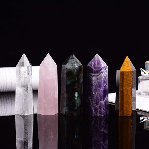Vista 4 de Runyangshi Varitas de cristal curativo natural, 6 piedras facetadas de chakra de Reiki, varita de prisma facetada de un solo punto de cristal