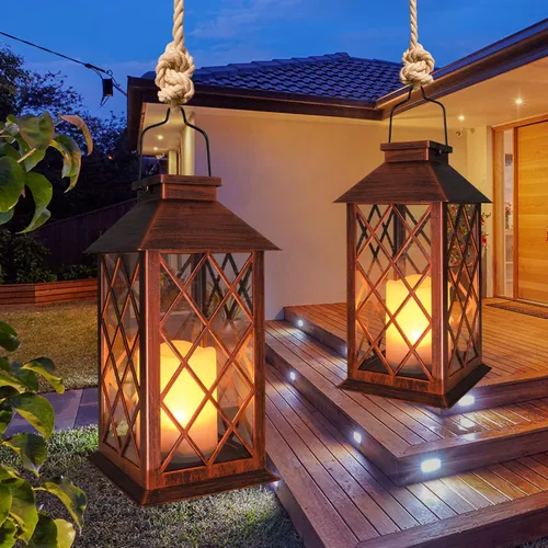 Vista 6 de TAKE ME Linternas solares de 35,6 cm para jardín al aire libre, linterna colgante impermeable con luces LED parpadeantes, sin llama, para mesa, al