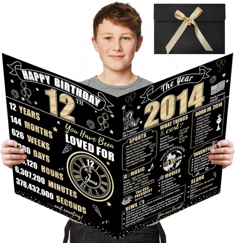 Vista 15 de Turypaty Tarjeta de 10 cumpleaños grande con sobre para niños y niñas, libro de firmas de invitados gigante de feliz 10 cumpleaños en negro y oro