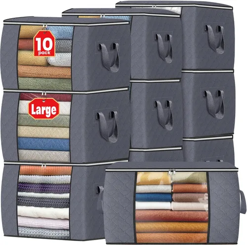 Vista 58 de Fab totes Paquete de 3 bolsas de almacenamiento plegables de tela gruesa, contenedores para organizar dormitorio, armario, ropa, edredón, Beige