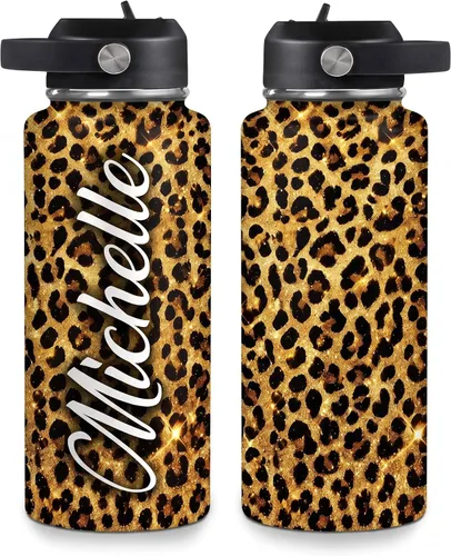 Vista 8 de Hyturtle Botella de agua personalizada de leopardo, botella de acero inoxidable aislada con tapa a prueba de fugas, 18 onzas, 32 onzas, regalo